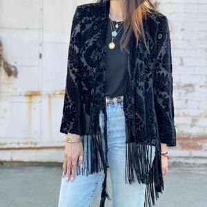Neiman Marcus Exclusive Silk Blend Velvet Burnout Wrap Top With Fringe - Black L